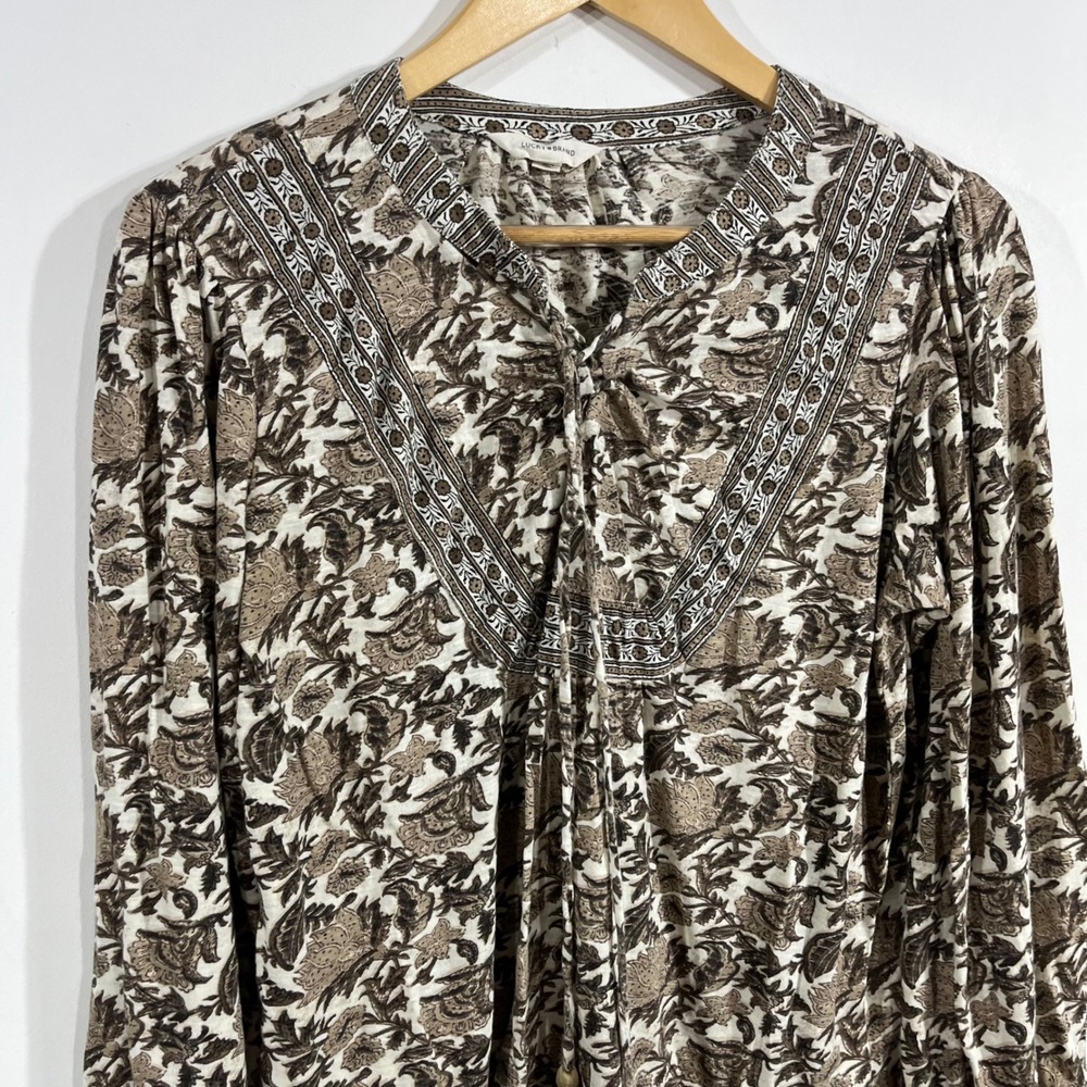 Lucky Brand Renfair Peasant Brown Floral Cotton Boho Tassel Top Womens Medium